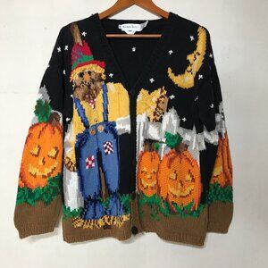 Alexandra Bartlett Halloween Pumpkins Scarecrow Cotton Blend Cardigan Sweater